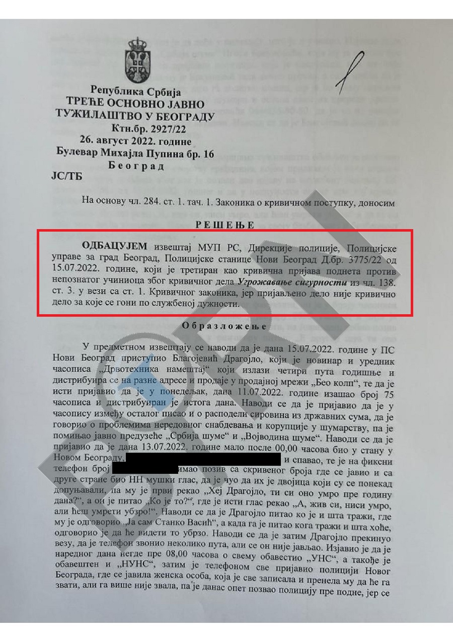 Tužilaštvo je prvobitno odbacilo prijavu novinara Dragojla Blagojevića