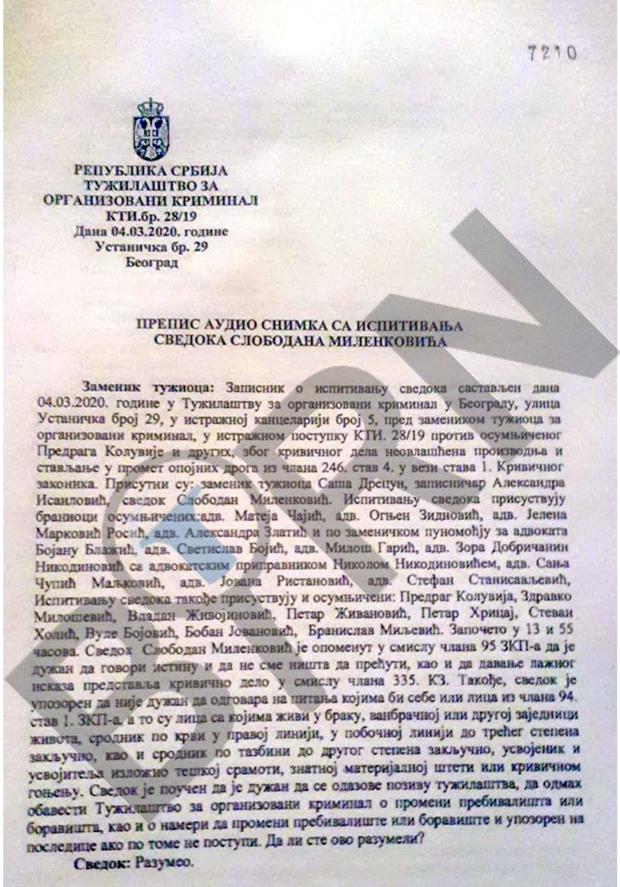 Slobodan Milenković Mali Senta dao je iskaz u Tužilaštvu o slučaju Jovanjica