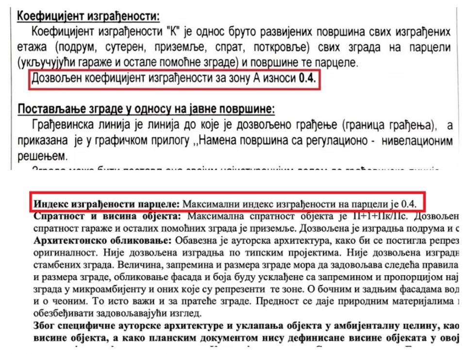 Informacije o lokaciji koju su dobili novinari BIRN-a, a ispod podaci iz Lokacijskih uslova datih Mitroviću
